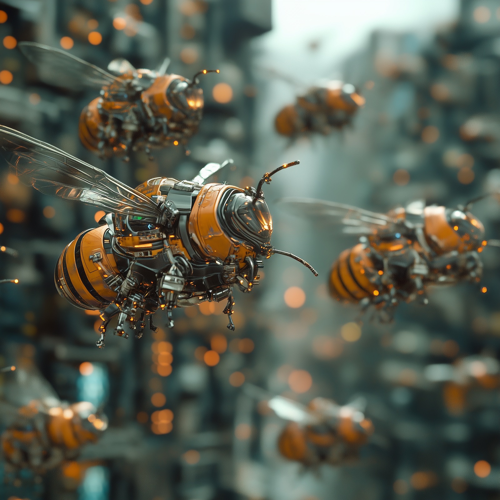 A swarm of bee-like robots pollinating data in a matrix, symbolizing controllable AI swarms guided by natural principles.